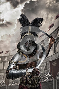 Combative black gladiator with two swords posing in arena