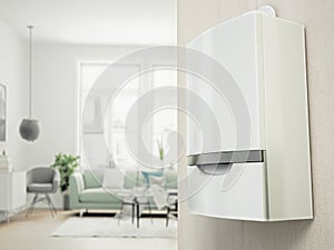 Combi boiler on the wall with contemporary living room view on the left. 3D illustration