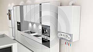 Combi boiler on the wall of a kitchen. 3D illustration