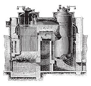 Combination boiler, Dulac system, vintage engraving