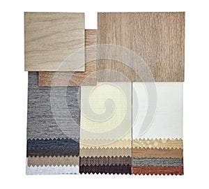 combination of interior material samples contain oak wooden ceramic flooring tiles and drapery fabric catalog palette.