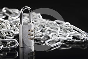 Combination key code locked and metal chain on black background , Security and safety concept