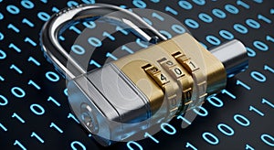 Combination lock on a background of binary code.