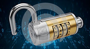 Combination lock on a background of binary code.
