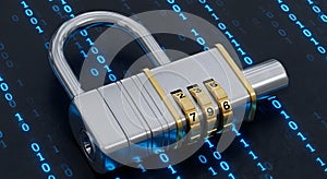 Combination lock on a background of binary code.