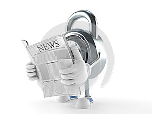 Combination lock character reading a newspaper