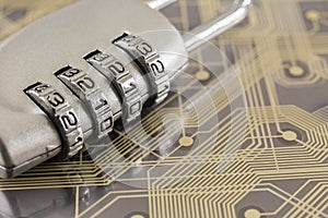 Combination silver padlock on digital circuits background