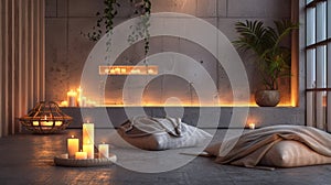 The combination of the soft candlelight and the cool concrete creates a zenlike atmosphere in the room ideal for photo
