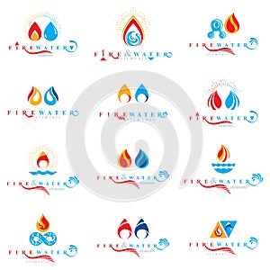 Combination of water and fire elements abstract logotypes collection.