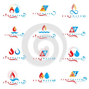 Combination of water and fire elements abstract logotypes collection.