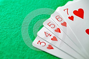 Combinations of cards in straight flush poker five cards from three to seven of suit of hearts