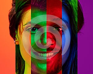 Combinations of cropped female and male portraits, different races faces isolated over multicolored neon backgrounds.