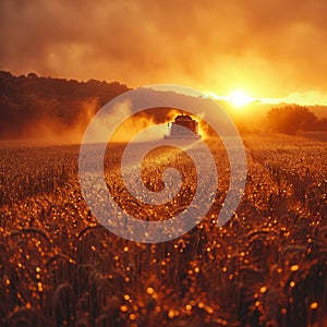 Combine drives through field of wheat at sunset