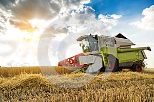 Combine harvester in action on wheat field