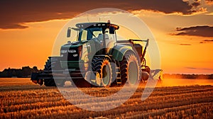 A combine harvester or agricultural tractor is processing or harvesting wheat in a field in the afternoon at sunset. Generative AI