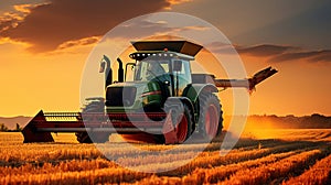 A combine harvester or agricultural tractor is processing or harvesting wheat in a field in the afternoon at sunset. Generative AI