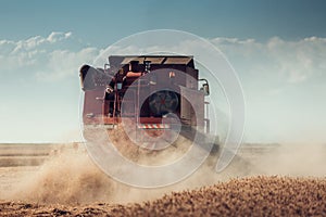 Combine harvester agriculture machine harvesting golden ripe wheat field