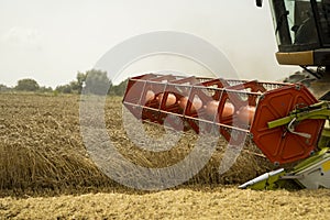 Combine harvester agriculture machine harvesting golden ripe wheat field. Agriculture. Combine harvester harvesting