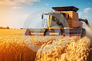 Combine harvester agriculture machine harvesting golden ripe wheat field. Generative AI