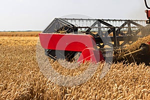 Combine harvester close up. Combine harvester harvesting wheat. Grain harvesting combine. Combine harvesting wheat. Wheat field bl