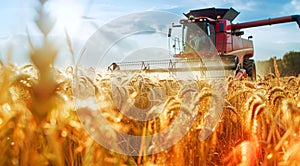 Combine harvester. collecting harvest of rye and wheat . Agriculture grain farming concept