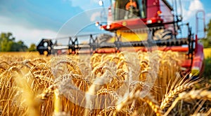 Combine harvester. collecting harvest of rye and wheat . Agriculture grain farming concept