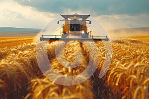 A combine harvester is collecting wheat in a field under the cloudy sky