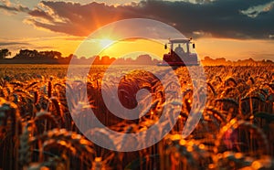 Combine harvester drives through field of wheat at sunset