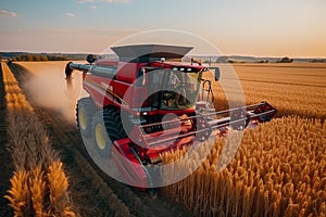 A combine harvester in full action on a lush crop field