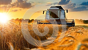 Combine Harvester in a Golden Wheat Field at Sunset - Generative Ai