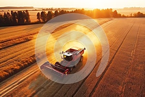 combine harvester harvesting crop wheat grain from field in summer at sunset. Top view. Generative AI