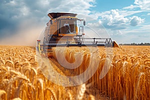 Combine harvester harvesting golden ripe wheat in field. Agriculture farm concept