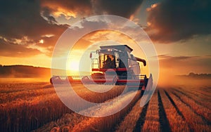 Combine harvester harvesting ripe wheat on big wheat field and tractor
