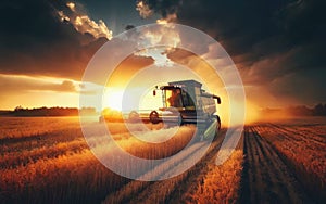 Combine harvester harvesting ripe wheat on big wheat field and tractor