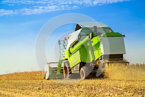 Combine harvester harvesting soybean at field.