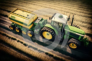 Combine harvester harvests ripe wheat on agriculture field. Neural network generated art