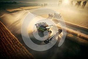 Combine harvester harvests ripe wheat on agriculture field. Neural network generated art