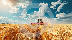 combine harvester harvests wheat