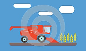 Combine harvester icon in the field of wheat ears. Flat vector illustration. Agriculture concept