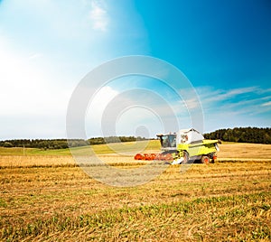 Combine Harvester in the Oat Field. Agriculture.