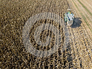 Combine harvester picking seed from fields, aerial view of a field with a combine harvester with cornhusker gathering the crop