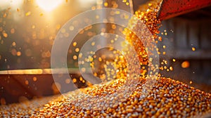 Combine harvester pours corn maize seeds.