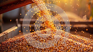 Combine harvester pours corn maize seeds.