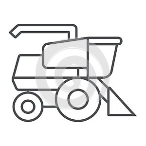 Combine harvester thin line icon, agriculture and farm, vehicle sign, vector graphics, a linear pattern on a white