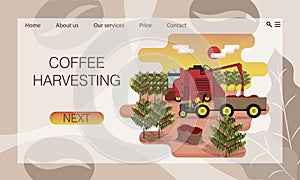Combine harvester and tractor are harvest the coffee berries on plantation. Concept of website, landing page design template