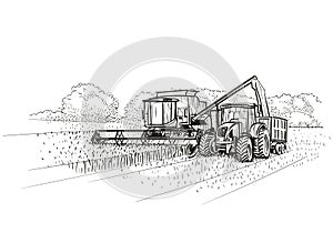 Combine Harvester and Tractor at work on field. photo