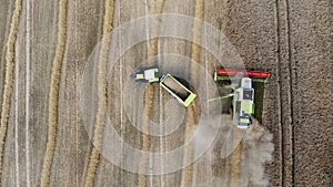 Combine harvester and tractor working on the cereal field