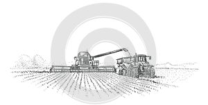 Combine Harvester and tractor working in field illustration. Vector.