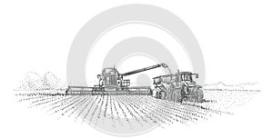 Combine Harvester and tractor working in field illustration. Vector. photo