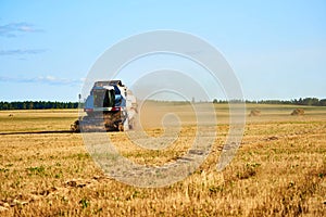 Combine harvester on a wheat field with blue sky. Grain Harvesting